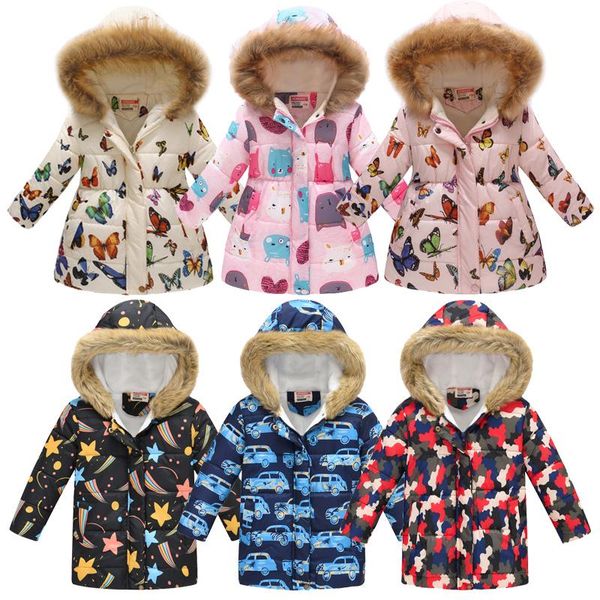 

down coat children cotton clothes autumn winter long fur collar hooded multi-color printed coats for boys girls clothing 3-8 years, Blue;gray