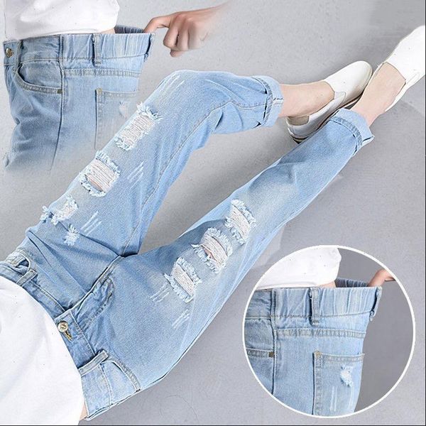 

broken elastic waist loose joker women jeans harlan pants, Blue