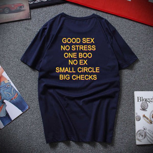 Lustiger guter Sex, kein Stress, ein Boo, kein Ex, kleiner Kreis, große Karos, T-Shirt, Briefdruck, T-Shirt, Rückseite, EU-Größe, 100 % Baumwolle, Hemd X0621