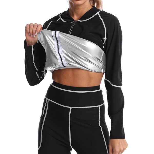 

women's shapers yagimi neoprene sauna suit long sleeve shirt + legging body shaper sports set women control panties pant waist trainer, Black;white