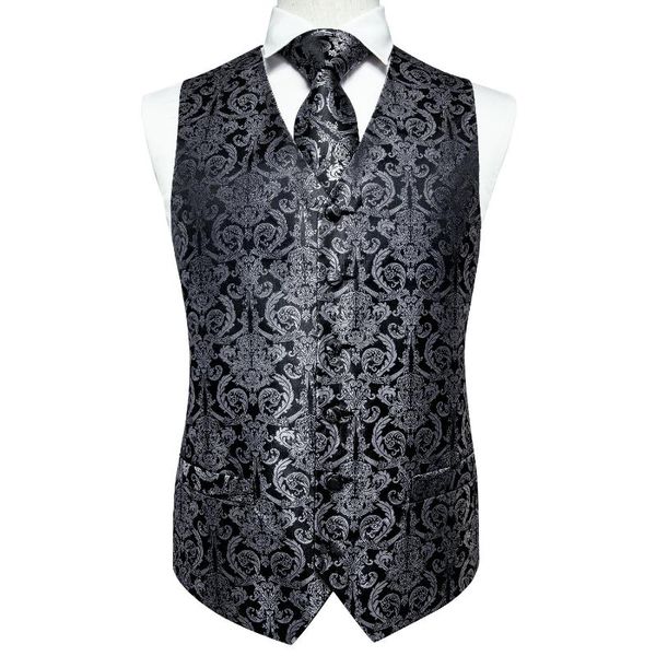 

men's vests hi-tie black paisley silk vest for men suit tie+pocket square+cufflinks+waistcoat set, Black;white