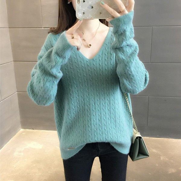 

women's sweaters hstar autumn winter solid warm casual women knit thick sweater lady v-neck pollovers female long sleeve jumper, White;black
