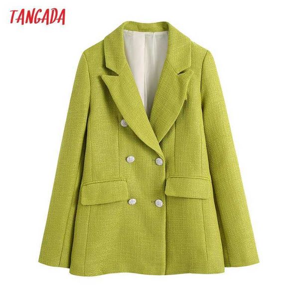 

tangada women green double breasted tweed blazer coat vintage long sleeve pockets female outerwear chic veste be922 210609, White;black