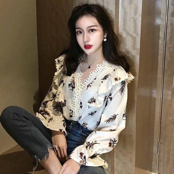 

women's blouses & shirts spring vintage style clothing flare sleeve v-neck ruffles woman blusas mujer de moda 2021, White