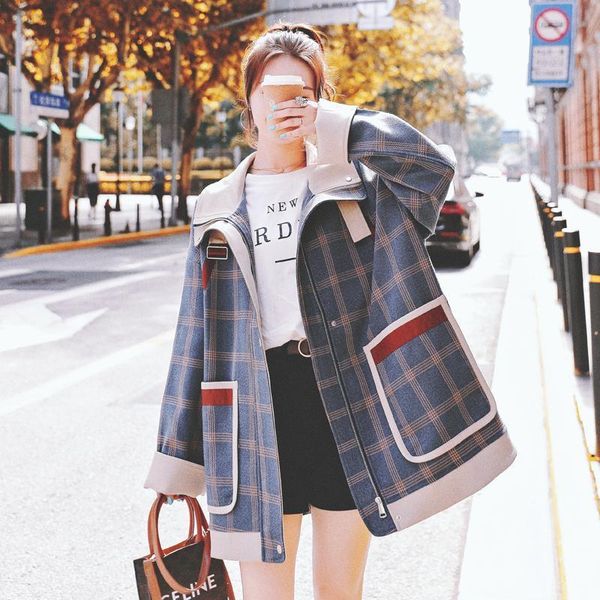 

women's wool & blends plaid jacket female spring and autumn 2021 hong kong style retro high-end sense small wild casual short trench co, Black