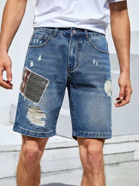 

men ripped snowflake print denim shorts b4k3#, Blue