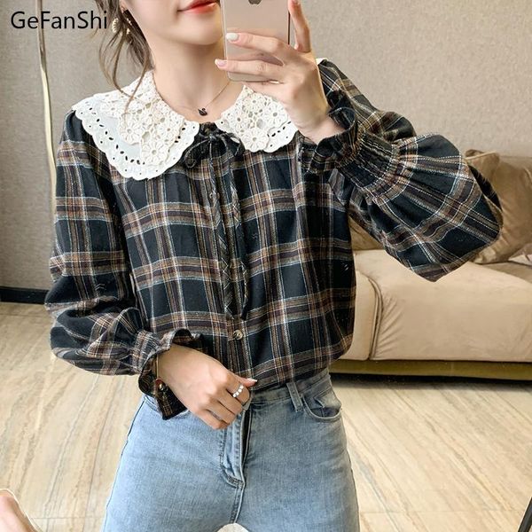 

spring autumn fashion plaid lace turn-down collar shirt blouse women bastic elegant ladies long sleeves female casual shirts women's bl, White