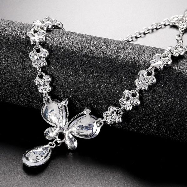 

earrings & necklace european and american bride wedding flower water drop butterfly two-piece alloy rhinestone personality set, Silver