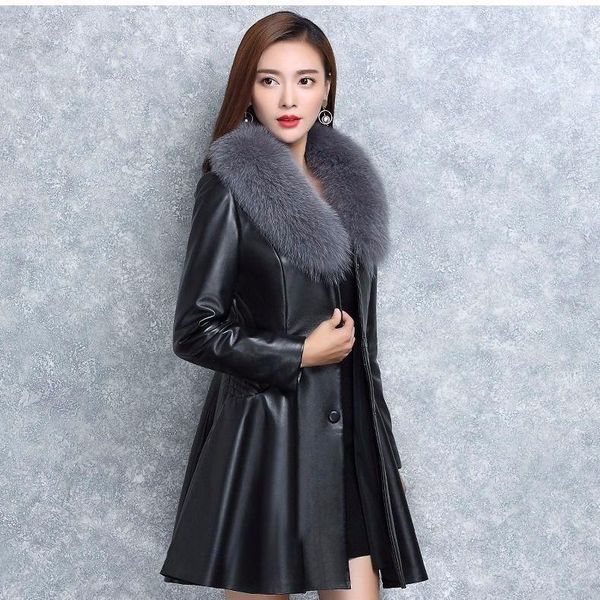 

women's leather & faux 2021 winter female jacket high imitation fur collar fashion women parka black long ladies coat