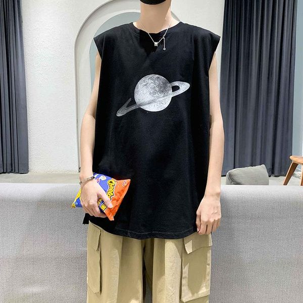 

summer sleeveless t-shirt men's sports vest tide brand ins personality printing simple trend loose hong kong style men t-shirts, White;black