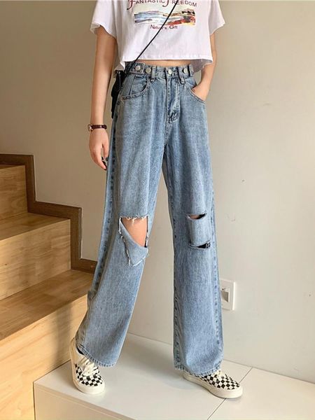 

women's jeans whcw cgdsr denim trousers korean style wide-leg pants women woman vintage high waist streetwear 2021 autumn winter, Blue