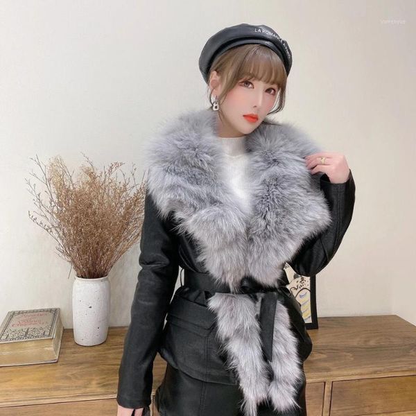

women's fur & faux women 2021 winter collar patchwork jackets female fashion solid casual coats ladies elegant with belt d403, Black
