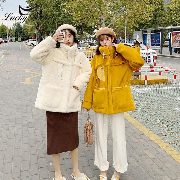 

women's fur & faux women winter mid-length thick plush coat ladies fashion plus size solid color big pocket lapel zy116, Black