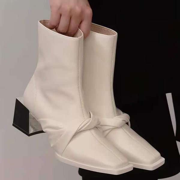 

boots autumn winter women's mid-calf black white metal med heels square toe fashion shoes bowknot c5