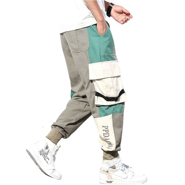 

men's pants new autum strretwear cargo stitching color joggers hip hop elastic waist trousers man abz406 gizp, Black