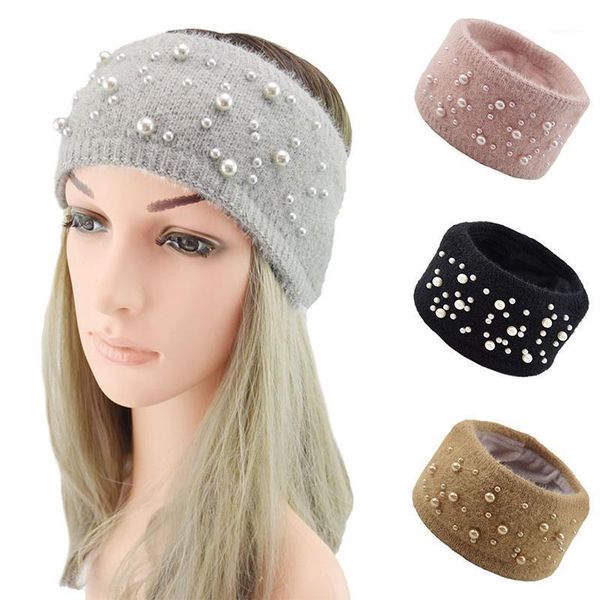 

women pearl wide headband winter wool knitted ears warmer turban solid color elastic hair bands girls lady accessories1