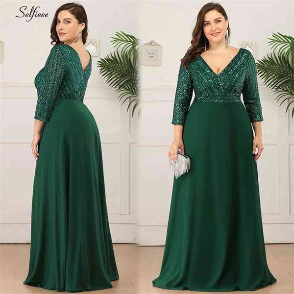 

plus size women dress a-line double v-neck sequined 3/4 sleeve sparkle formal party dress ladies elegant maxi dress vestidos, Black;gray