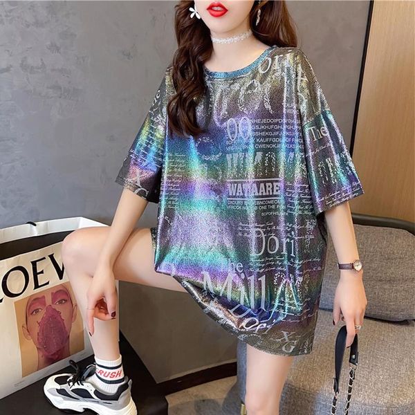

#0813 summer shinny t shirt women thin loose fashion streetwear hip hop letters long womens tee shirts short sleeves women's t-shirt, White