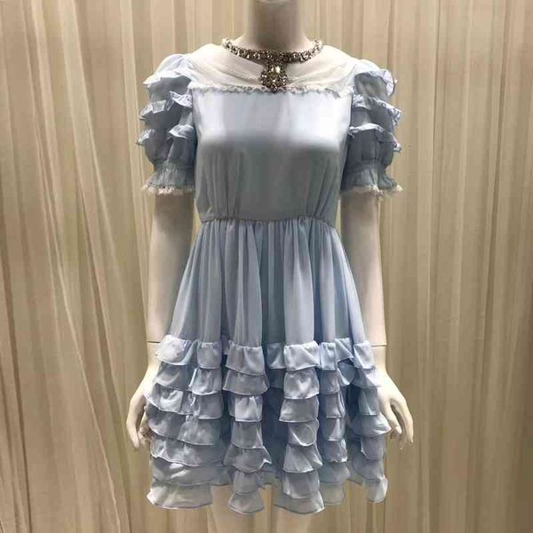 

casual dresses women diamonds sweet princess peter pan collar lace trim summer high waist tiered dteg, Black;gray