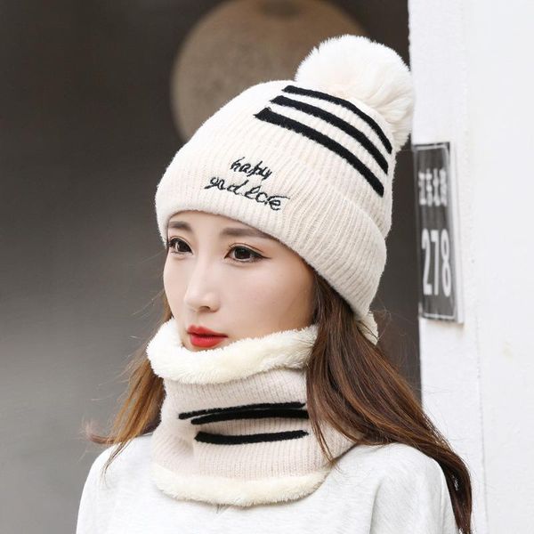 

beanies winter women knitted hat female warm beanie riding snow caps scarf set hairball pom fashion wool thickening collars