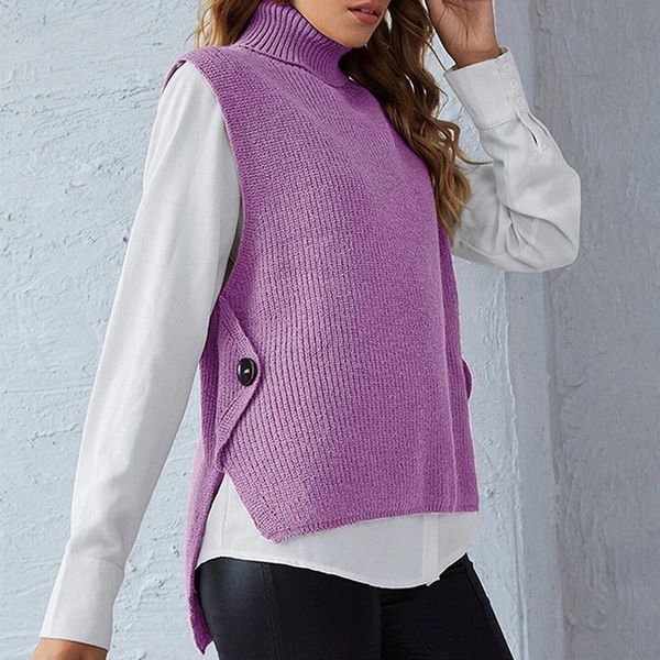 

women's sweaters high-neck sleeveless button knit vests jumpers chic fashion solid knitted vest women loose comfortable pullovers, White;black