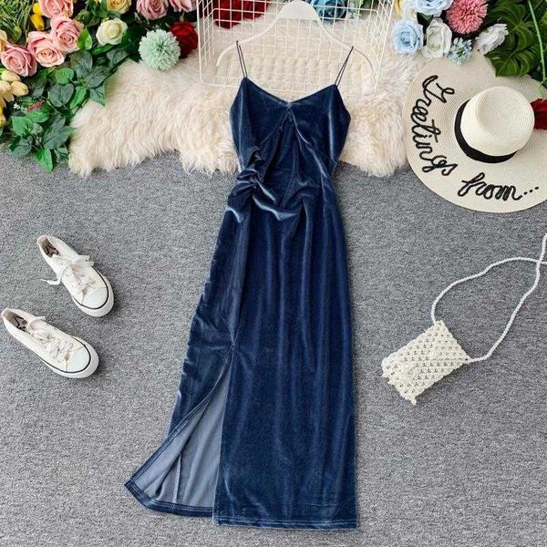 

spaghetti strap dress for women elegant v-neck sleeveless high waist party bodycon dresses female black velvet vestidos 210601, Black;gray