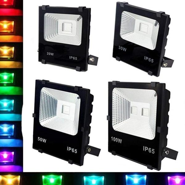 

1pc rgb floodlight 100w 50w 30w 20w 10w led flood light reflector projector lamp with remote controller waterproof ip65 floodlights