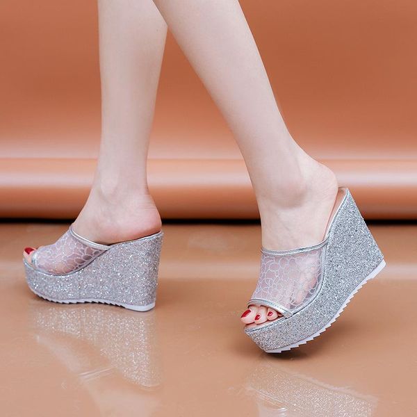 

sandals 2021 summer mesh women's fashion korean outdoor wedge slippers platform high heeled women, Black