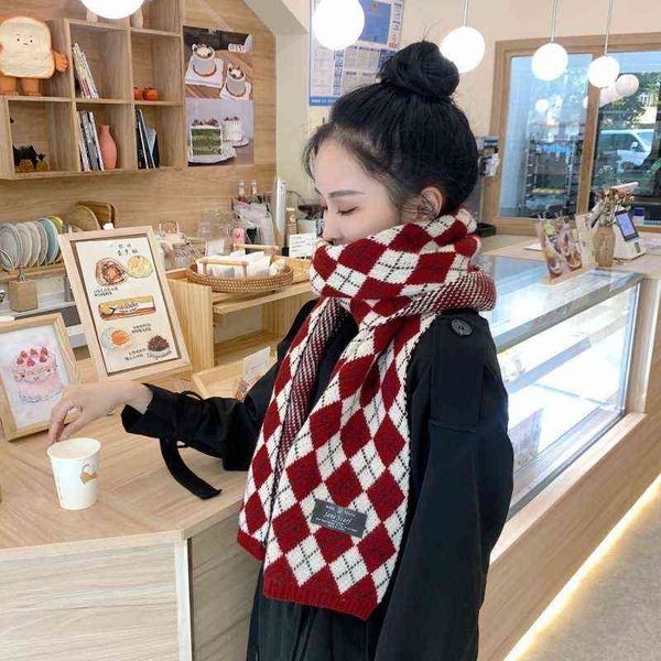 

scarves net red plaid women's autumn and winter ins prismatic knitted scarf double-sided thickened warm bib, Blue;gray