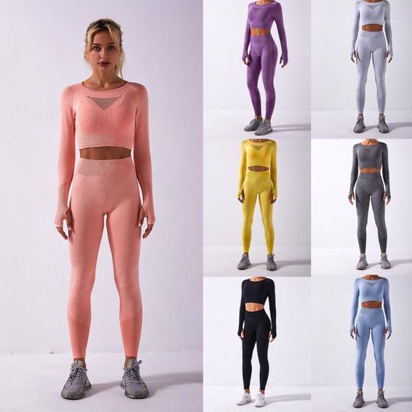 

yoga outfits women's sportswear set tracksuit clothing sports jogging pants gym legging seamless fitness crop long sleeve suit1, White;red