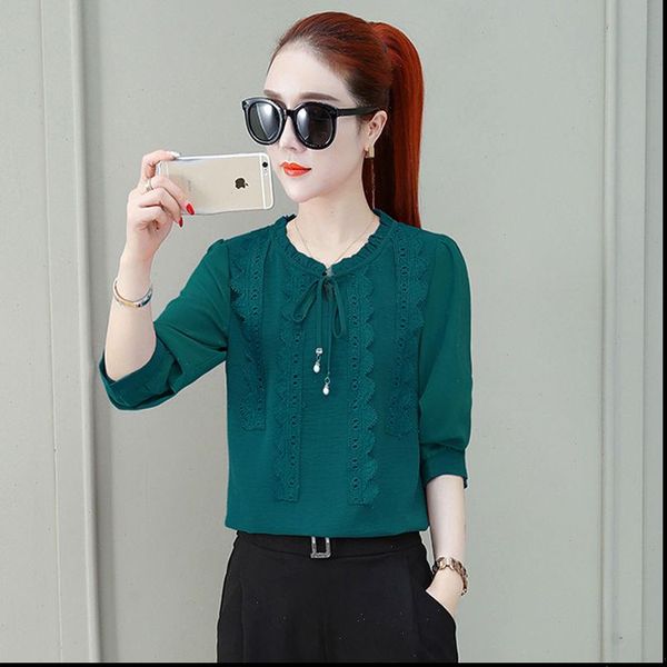

spring autumn style chiffon casual womens blouses long sleeve o neck green pink red black blusas df8182, White