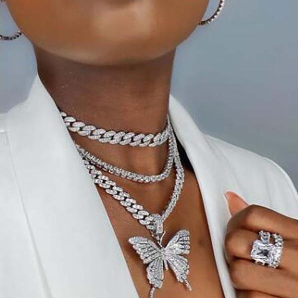 

chains sparking fully crystal pave butterfly pendant cuban chain cubic charm tennis necklace fashion jewelry, Silver