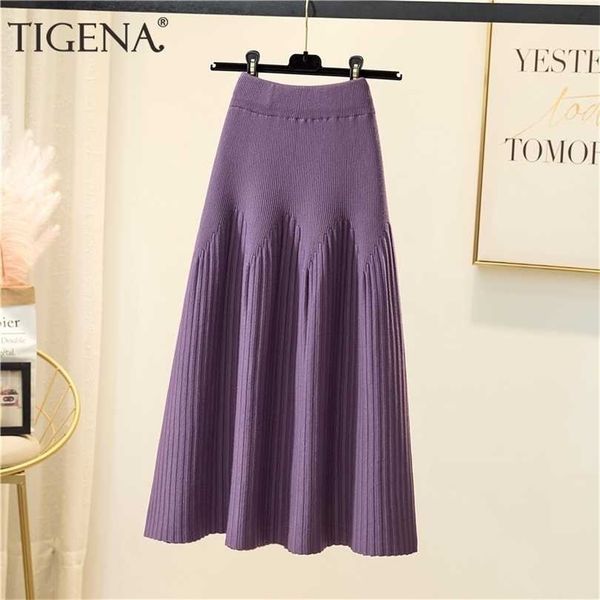 

tigena autumn winter knitted skirt women casual solid all-match a line high waist pleated midi long female ladies 211214, Black