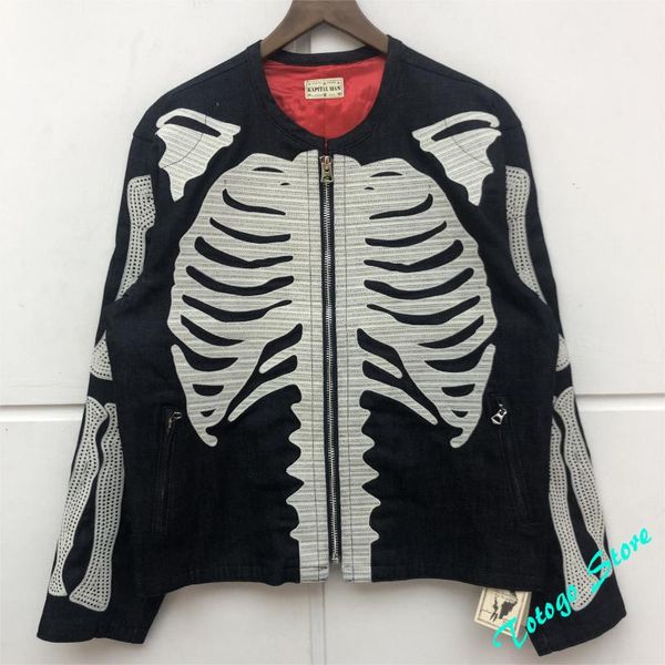 

hip-hop full bone embroidery kapital bomb jacket men women 1:1 quality autumn winter zip sleeves denim coat men's jackets, Black;brown