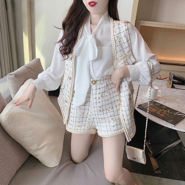 

women's tracksuits autumn suit chiffon lace-up bow shirt + tweed vest jacket mini shorts sets office lady 3 piece outfits, Gray