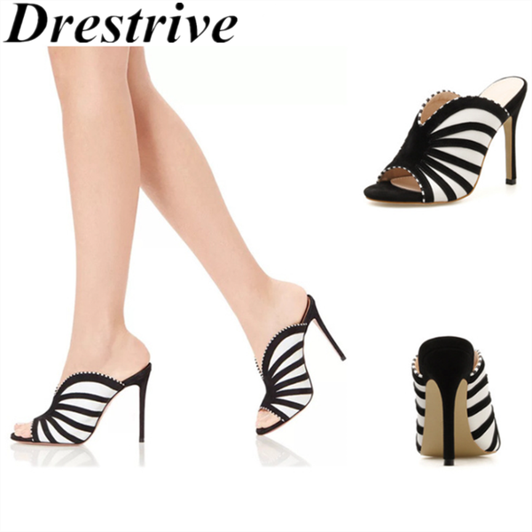 

drestrive women slipper flock thin heel up  cm fish mouth patchwork female sandals 2021 summer high shoes plus size us 15, Black