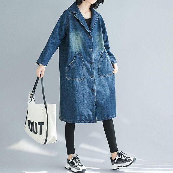 

women's trench coats denim windbreaker casual washed white vintage split coat female jeans jaqueta korean long loose autumn and winter, Tan;black