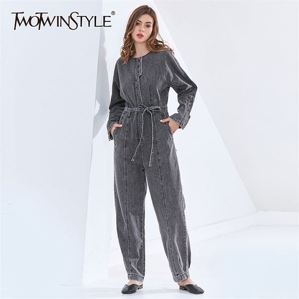 Denim Minimalist Overall für Frauen O Hals Langarm Hohe Taille Spitze Up Bowknot Casual Overalls Weibliche Mode 210521