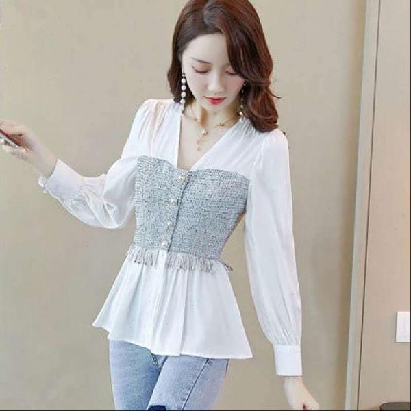 

spring autumn style casual womens blouses long lantern sleeve v neck slim waist ruffles blusas dd8884, White