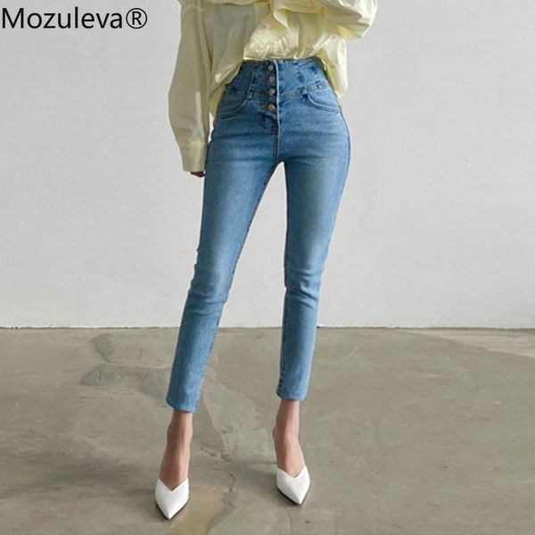 

mozuleva autumn vintage single-breasted women denim jeans 2021 high waist stretch pants capris female streetwear jeans pants, Blue