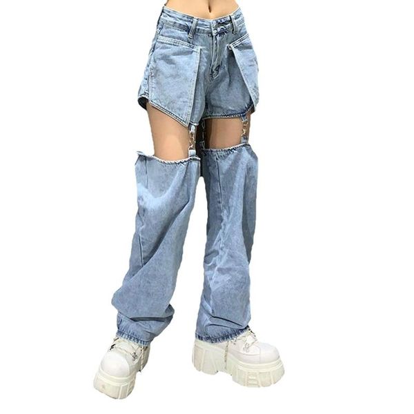 

women's pants & capris ladies jeans multifunctional straight pure color detachable blue 2021 fall personality high street casual fashio, Black;white