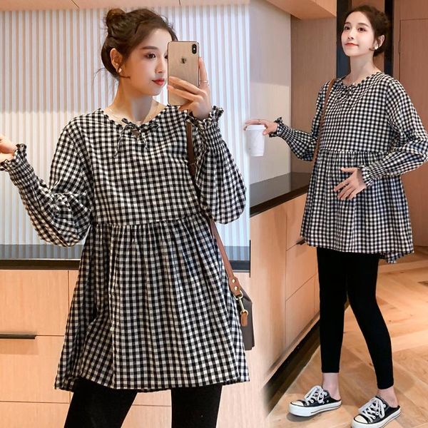 

maternity dresses 9515# dress spring autumn cotton long sleeve bow collar loose stylish for pregnant women mom, White