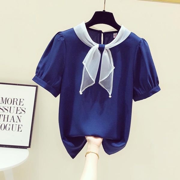 

women's blouses & shirts summer short sleeve chiffon shirt for women 2021 bow collar casual all-match blue femme blusas mujer, White