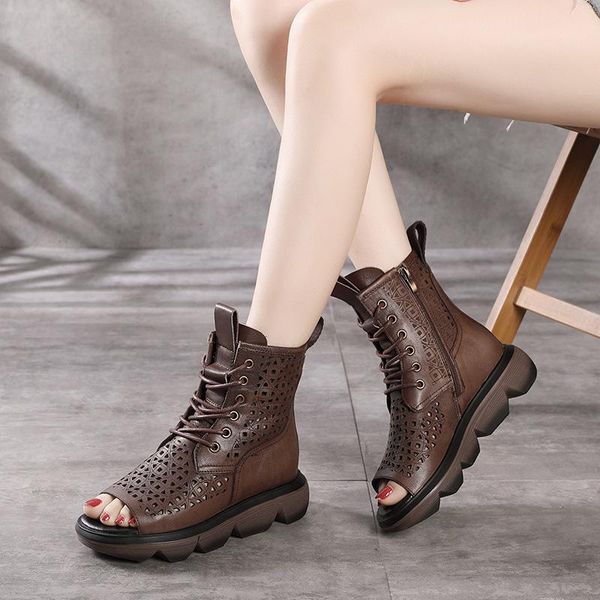

women's shoes fish mouth casual sandals platform 2021 boots female hollow lace-up, Black