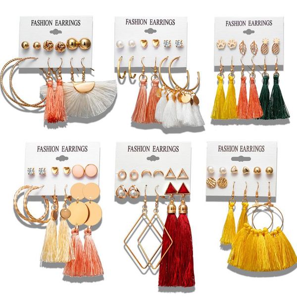 

dangle & chandelier boho large circle hoop drop earrings set for women tassel gold round hanging statement jewelry fashion accessories, Silver