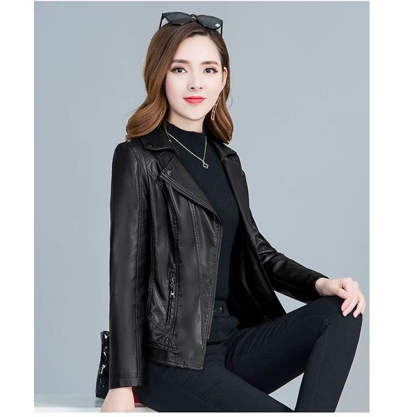 

women's leather & faux women short paragraph spring autumn coat 2021 slim suit collar middle-aged jacket 5xl size, Black