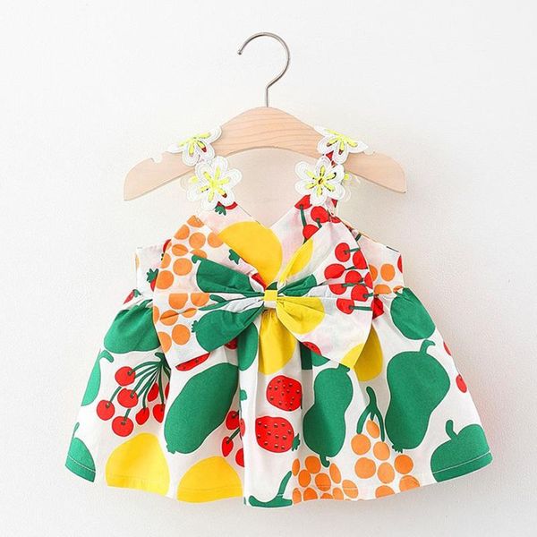 

girl's dresses summer girl bow costumes toddler baby suspenders print puff dress party wedding birthday for girls 12m-4y, Red;yellow