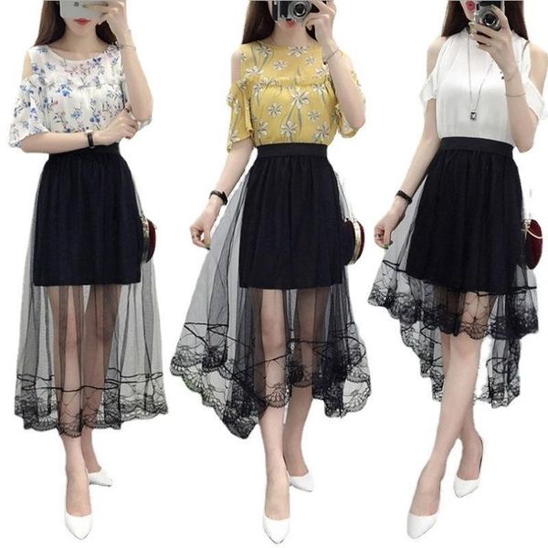 

solid lace mesh spring womens skirts summer stitched hollow perspective chiffon floral cover ups, Black