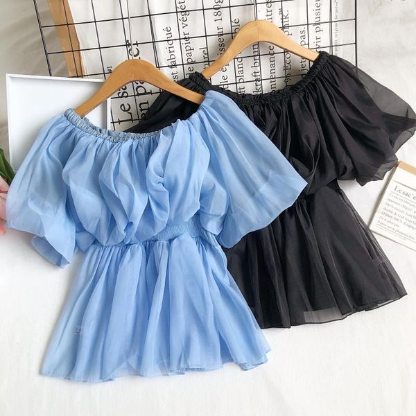 

women's blouses & shirts fitaylor summer women slash neck ruffles casual puff sleeve solid color elegant blouse fashion lady short, White