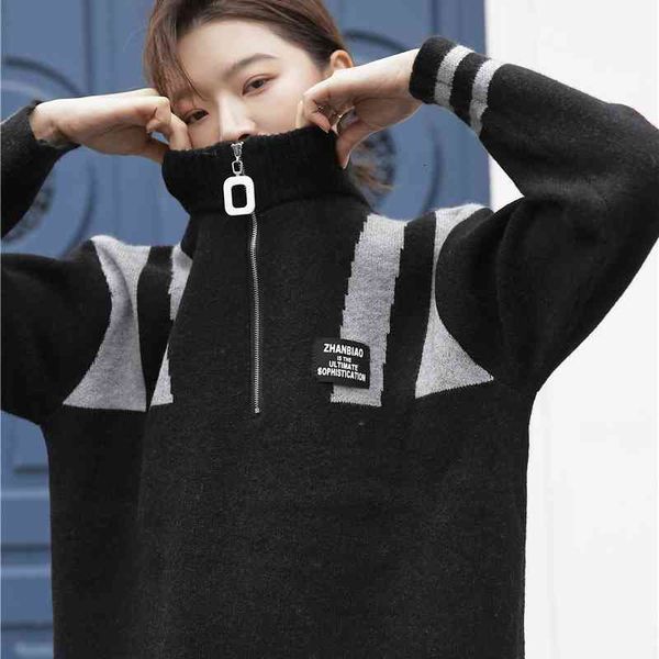 

women's knits & tees winter zipper turtleneck sweater women patchwork black long sleeve pullover knitted knitwear jumpers uqw7, White